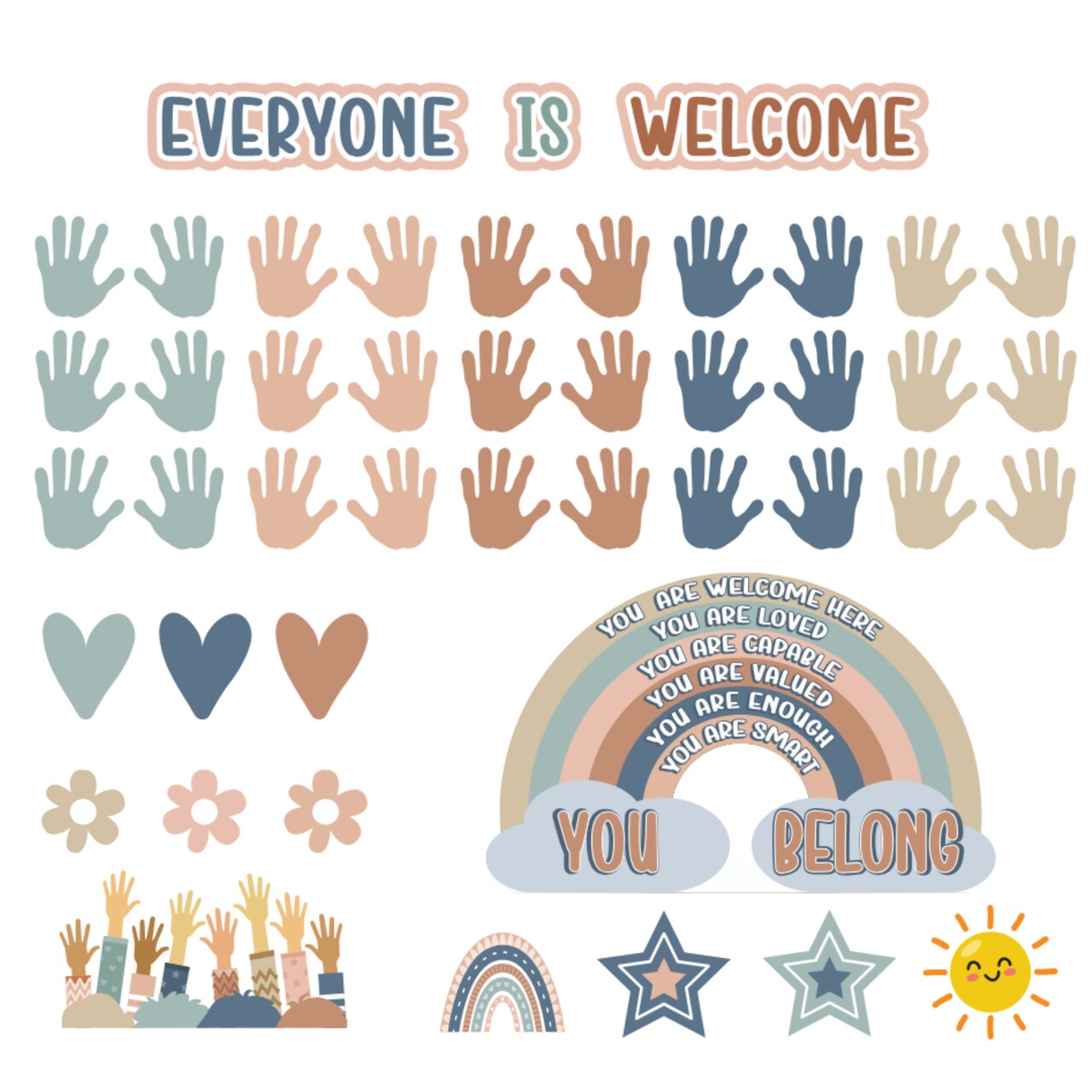 4E's Novelty 46 Pcs "Everyone is Welcome" Boho Classroom Bulletin Board Sets, Boho Welcome Bulletin Board Set, Motivational Bulletin Board Decorations with Rainbow & Hands Cutouts Decor for Classroom